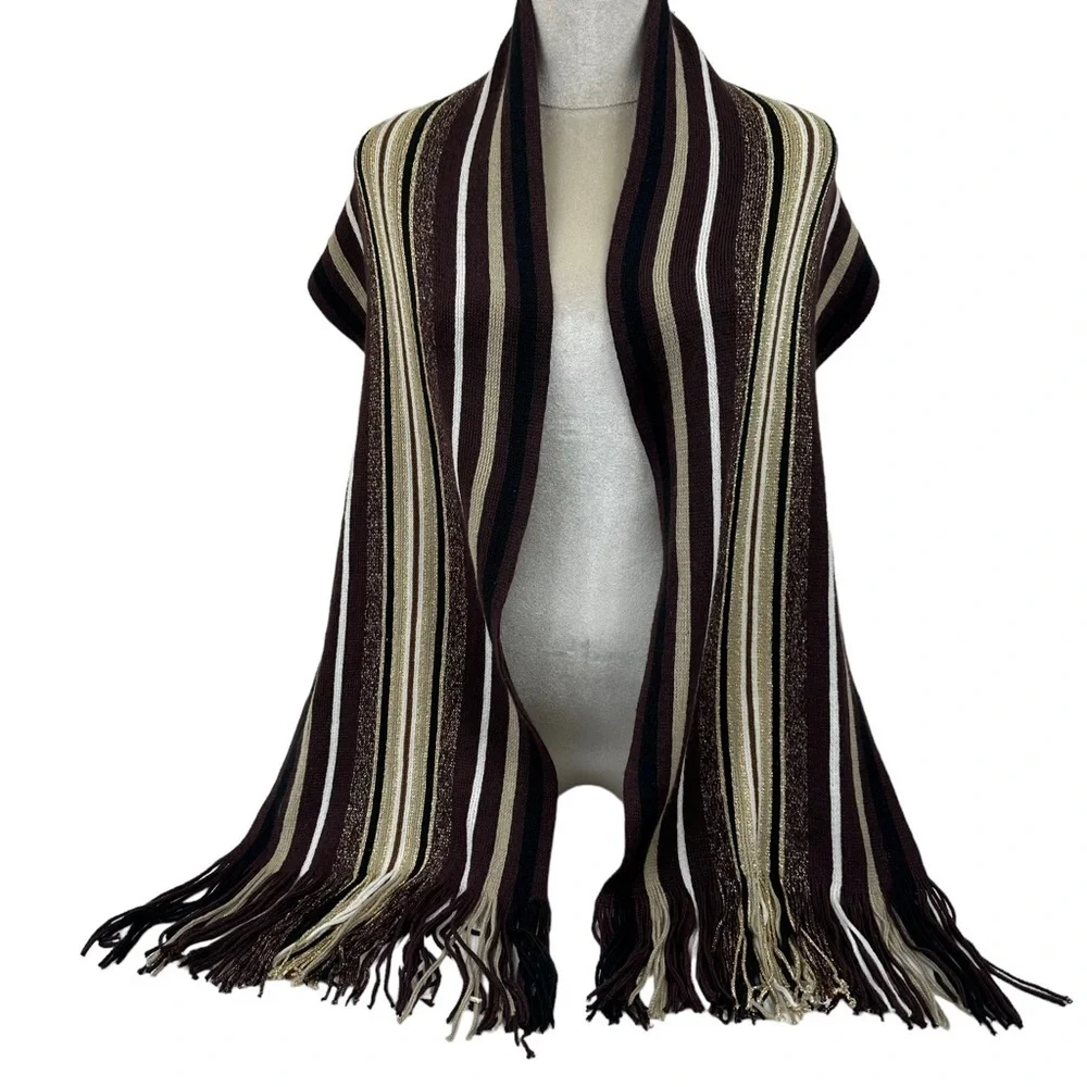 Brown Gold Metallic Strip Knit Scarf